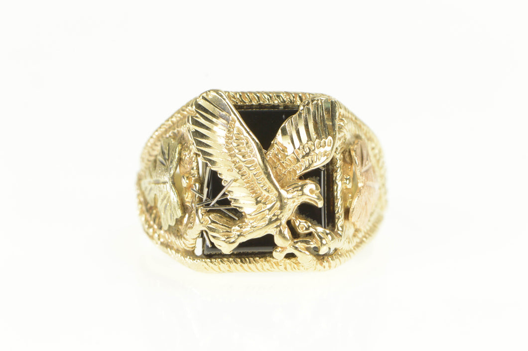 10K Black Hills Onyx Eagle Squared Men's Statement Ring Yellow Gold