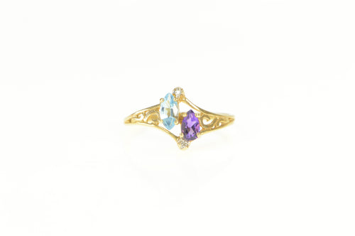 14K Blue Topaz Amethyst Diamond Accent Bypass Ring Yellow Gold