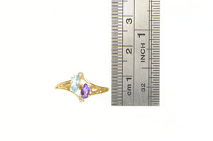 14K Blue Topaz Amethyst Diamond Accent Bypass Ring Yellow Gold