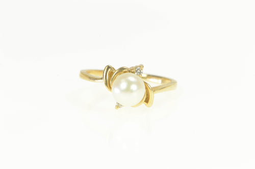 14K Classic 6.8mm Pearl Diamond Accent Bypass Ring Yellow Gold