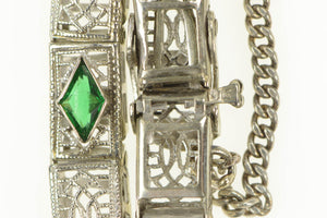 10K Art Deco Ornate Filigree Squared Bar Link Bracelet 6.5" White Gold
