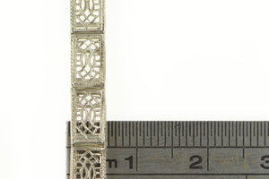 10K Art Deco Ornate Filigree Squared Bar Link Bracelet 6.5" White Gold