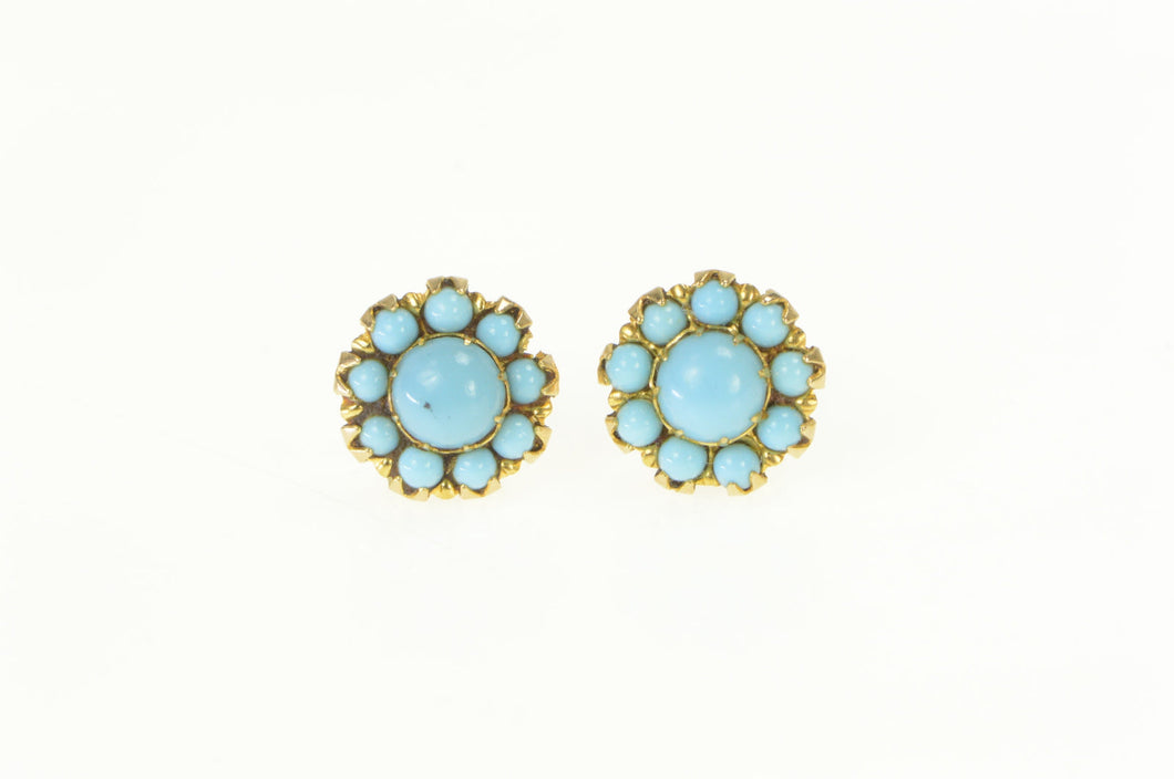 10K Victorian Style Turquoise Round Cluster Stud Earrings Yellow Gold