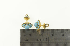 10K Victorian Style Turquoise Round Cluster Stud Earrings Yellow Gold