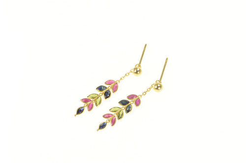 18K Peridot Sapphire Ruby Leaf Dangle Stud Earrings Yellow Gold