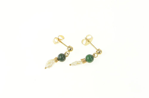 14K Pearl Malachite Beaded Dangle Vintage Earrings Yellow Gold