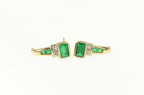 10K Emerald Cut Syn. Emerald Diamond Accent Earrings Yellow Gold