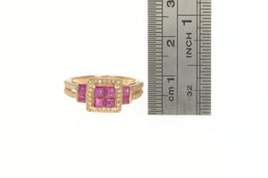 14K Princess Ruby Cluster Diamond Engagement Ring Rose Gold