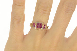 14K Princess Ruby Cluster Diamond Engagement Ring Rose Gold