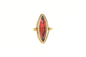9K 1940's Marquise Sim. Ruby Ornate Solitaire Ring Yellow Gold