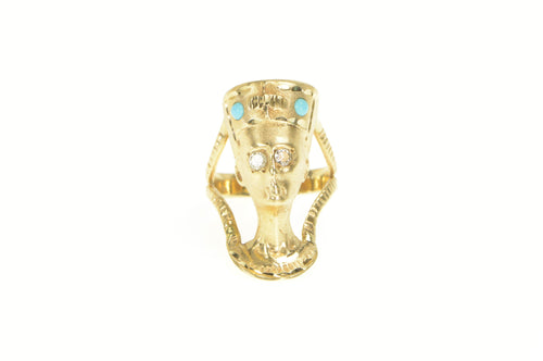 14K Diamond Queen Nefertiti Turquoise Egyptian Ring Yellow Gold