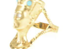 14K Diamond Queen Nefertiti Turquoise Egyptian Ring Yellow Gold