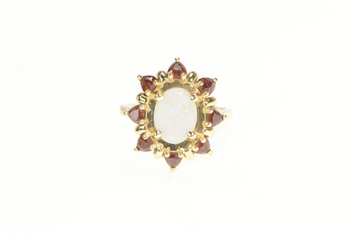 14K Oval Natural Opal Garnet Halo Cocktail Ring Yellow Gold