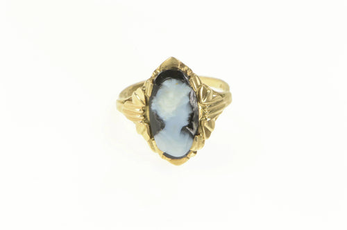 10K Carved Agate Lady Cameo Vintage Statement Ring Yellow Gold