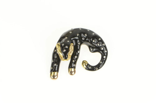 14K Black Enamel Rhinestone Leopard Jaguar Pendant Yellow Gold