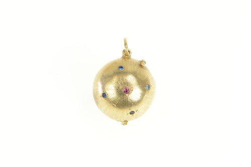 14K 1960's Sapphire & Ruby Ball Photo Locket Picture Pendant Yellow Gold