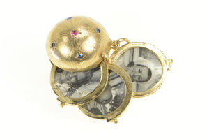 14K 1960's Sapphire & Ruby Ball Photo Locket Picture Pendant Yellow Gold