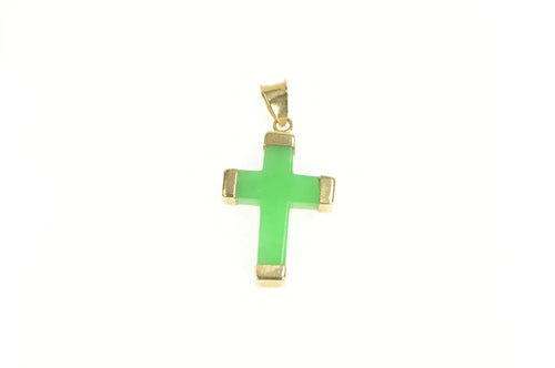 14K Squared Jade Carved Cross Christian Faith Pendant Yellow Gold