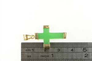 14K Squared Jade Carved Cross Christian Faith Pendant Yellow Gold