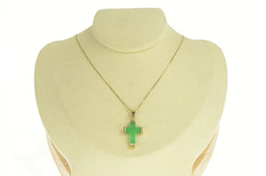 14K Squared Jade Carved Cross Christian Faith Pendant Yellow Gold