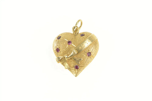 14K 1960's 40 Years Ruby Heart Anniversary Love Pendant Yellow Gold