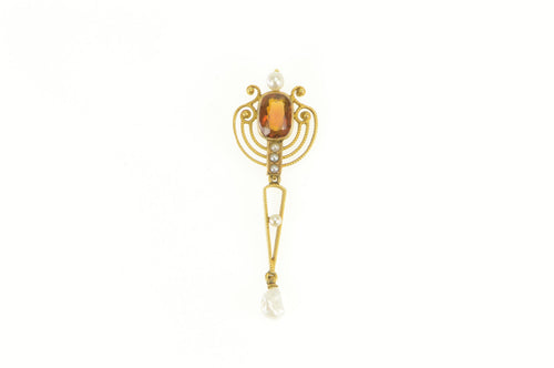 14K Victorian Citrine Pearl Dangle Filigree Statement Pendant Yellow Gold