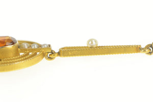 14K Victorian Citrine Pearl Dangle Filigree Statement Pendant Yellow Gold