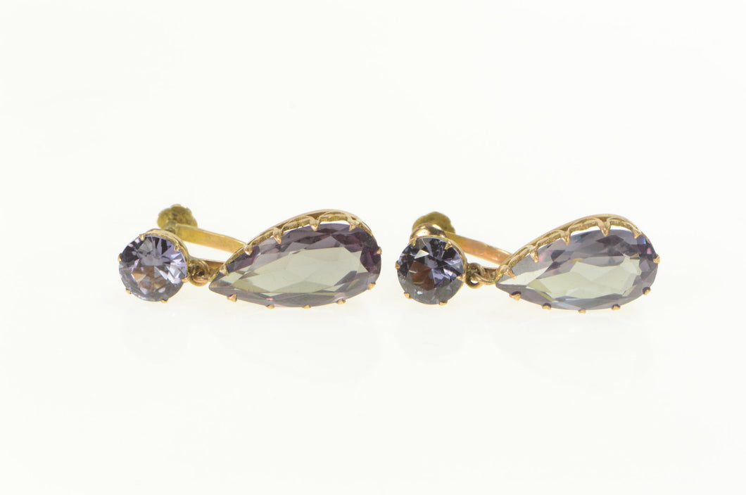 14K Victorian Amethyst Pear Dangle Screw Back Earrings Yellow Gold
