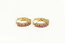 Load image into Gallery viewer, 14K Natural Ruby Inset Ornate Filigree Hoop Earrings Yellow Gold