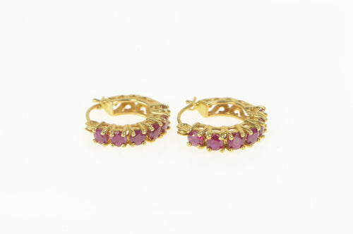 14K Natural Ruby Inset Ornate Filigree Hoop Earrings Yellow Gold