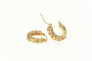 14K Natural Ruby Inset Ornate Filigree Hoop Earrings Yellow Gold