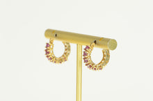 Load image into Gallery viewer, 14K Natural Ruby Inset Ornate Filigree Hoop Earrings Yellow Gold