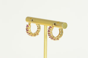 14K Natural Ruby Inset Ornate Filigree Hoop Earrings Yellow Gold