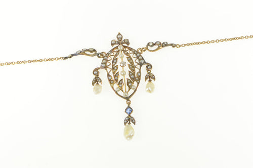 14K Victorian Seed Pearl Diamond Filigree Fringe Necklace 15.5