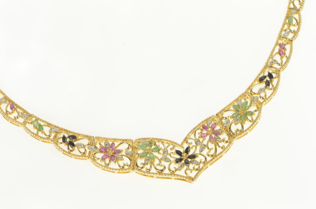 Sterling Silver Emerald Ruby Sapphire Diamond Filigree Necklace 19.25