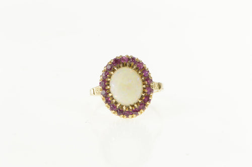 10K Natural Opal Ruby Halo Retro Cocktail Ring Yellow Gold