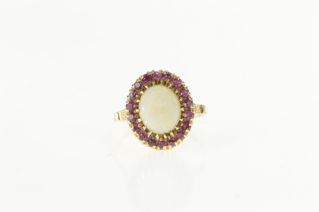 10K Natural Opal Ruby Halo Retro Cocktail Ring Yellow Gold