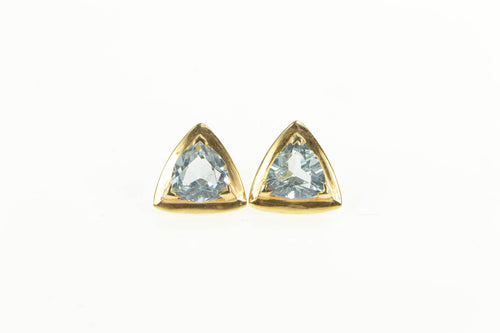 14K Trillion Blue Topaz Solitaire Triangle Stud Earrings Yellow Gold