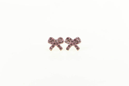 14K Pave Pink Rhinestone Bow Ribbon Stud Earrings Yellow Gold