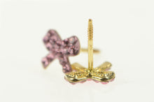 Load image into Gallery viewer, 14K Pave Pink Rhinestone Bow Ribbon Stud Earrings Yellow Gold