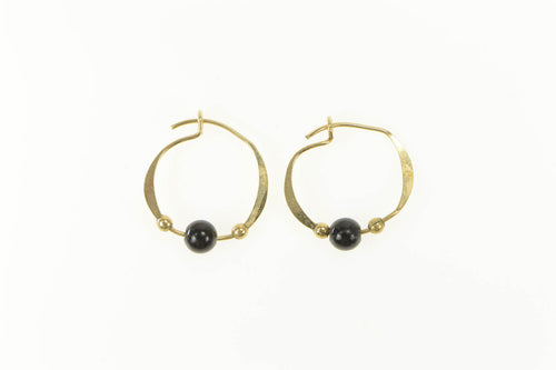 10K Round Black Onyx Beaded Hoop Earrings Yellow Gold