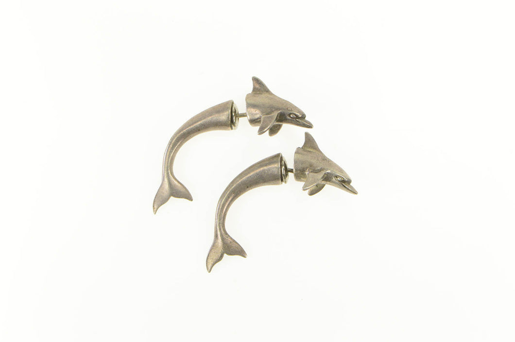 Sterling Silver Dolphin Through Ear Illusion Statement Earrings