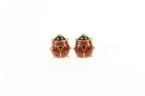 14K Red Enamel Lady Bug Good Luck Lucky Stud Earrings Yellow Gold