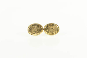 14K Engraved Hibiscus Flower Oval Stud Earrings Yellow Gold