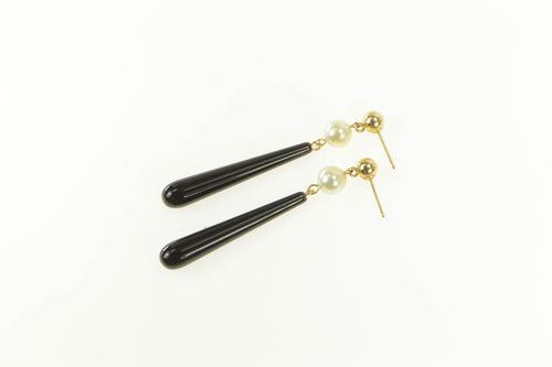 14K Black Onyx Pearl Drop Dangle Retro Statement Earrings Yellow Gold