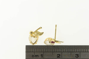 14K Heart Cut Cubic Zirconia Syn. Ruby Stud Earrings Yellow Gold