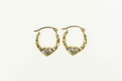 10K Two Tone Heart Pattern Puffy Hoop Earrings Yellow Gold
