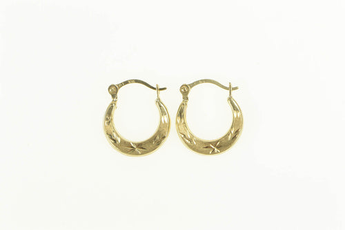 10K Diamond Cut Leaf Pattern Squared Hoop Earrings Yellow Gold
