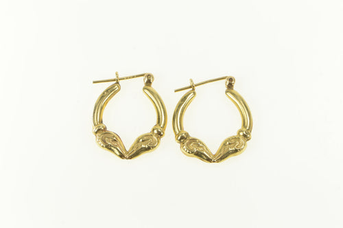 14K Rams Head Puffy Ornate Aries Zodiac Hoop Earrings Yellow Gold