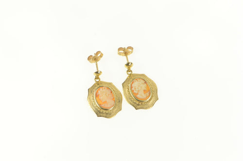10K Ornate Carved Shell Cameo Statement Dangle Earrings Yellow Gold
